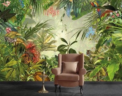 Pădure tropicală strălucitoare, flori și animale, vintage Tro201 фото