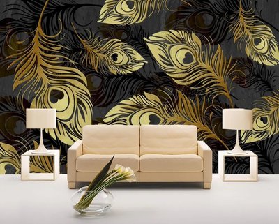 Абстракция из золотых и черных перьев павлина на темном фоне Leg1301 фото