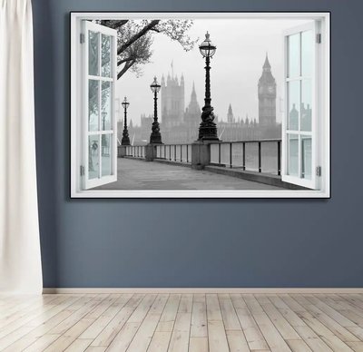 Наклейка на стену, 3D-окно с видом на Лондон в тумане W81 фото