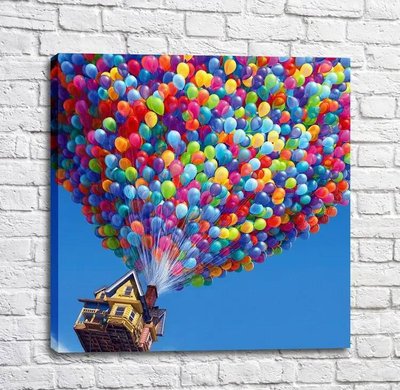 Постер Домик парящий в синем небе на тысячи разноцветных шариков Mul16271 фото