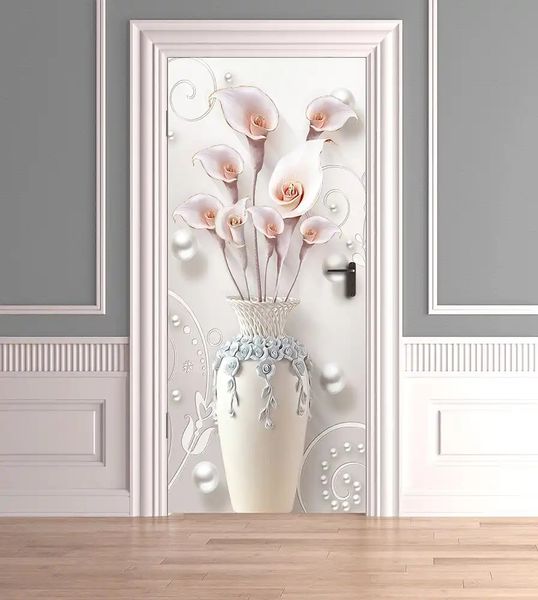 3Д наклейка на дверь, Розовые цветы в кувшине D217 фото
