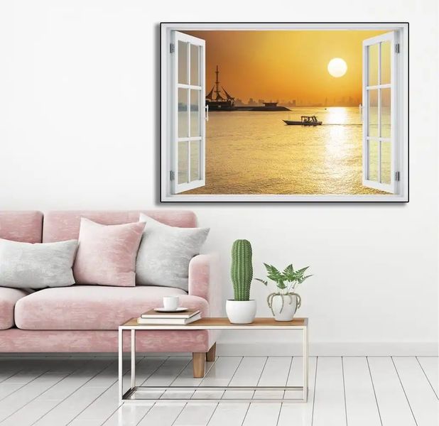 Наклейка на стену, Окно с видом на пальмовой пляж W181 фото