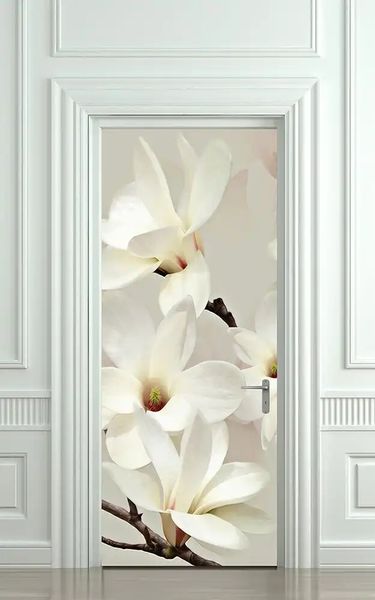 3Д наклейка на дверь, Веточка с белыми цветами на сером фоне D216 фото