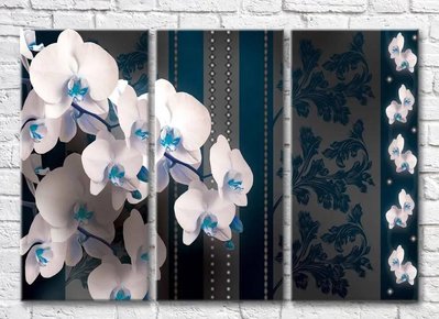 Триптих Ветки белой орхидеи на сером фоне с синими узорами 3D7852 фото