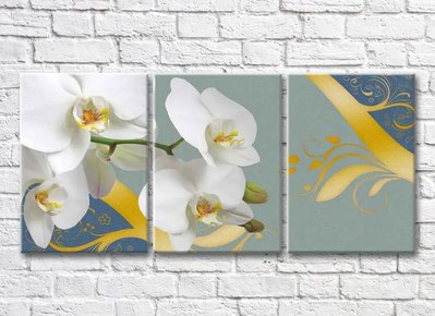 Триптих Белая орхидея и золотые узоры на голубом фоне 3D7752 фото