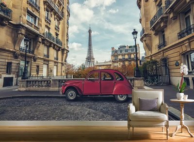Mașină retro roșie pe fundalul Turnului Eiffel Gor402 фото