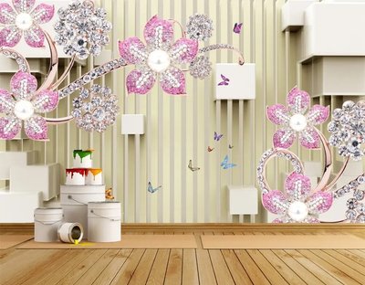 3Д фотообои,розовые цветы из драгоценных камней на фоне полосатой стены 3D4652 фото