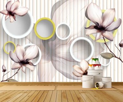 Fotomurale 3D magnolii bej si cercuri alb-galbui de la 320 MDL online in Chisinau 3D3502 фото