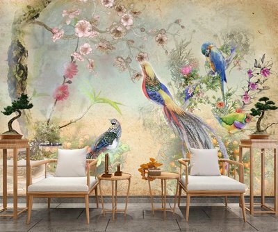 Фреска с разноцветными птицами и цветущей сакурой TSv302 фото