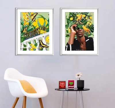 Желто зеленая абстракция из тропических растений и птиц Fig14763 фото