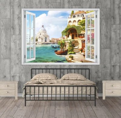 Наклейка на стену, Окно с видом на город на воде и лодках W130 фото