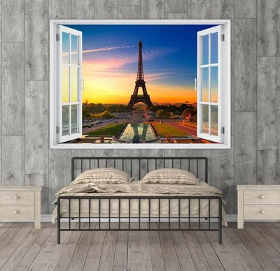 Наклейка на стену, Окно с видом на закат в Париже W80 фото