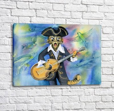 Poster pisică într-o pălărie cu o chitară Kot16976 фото