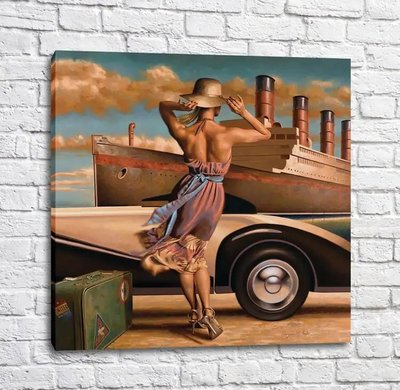 Постер Девушка в шляпе на фоне Титаника, Перегрин Хиткот Put17233 фото