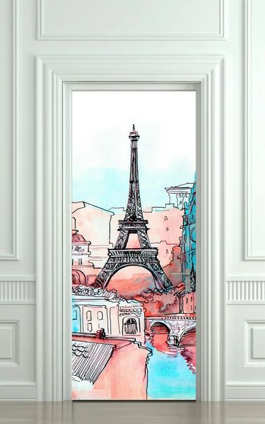 Autocolant 3D pentru ușă, Turnul Eiffel într-un oraș plin de viață ST320 фото