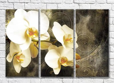 Триптих Ветка орхидеи на бронзовом фоне с завитками 3D7853 фото