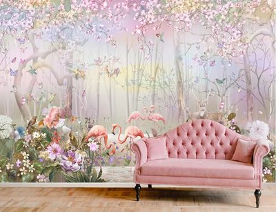 Сказочный цветущий лес с фламинго и бабочками TSv303 фото