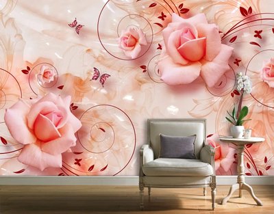 Фотообои 3Д светло кремовые розы и бордовые узоры 3D4653 фото