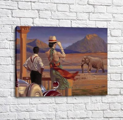 Poster Fată într-o pălărie și un bărbat pe fundalul unui elefant și al munților Put17234 фото