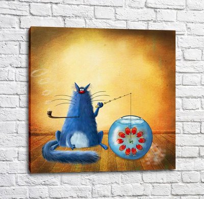 Poster Pisica cu undița și un acvariu cu pești Kot16977 фото