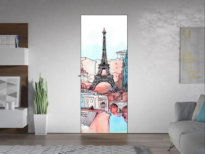 Autocolant 3D pentru ușă, Turnul Eiffel într-un oraș plin de viață ST320 фото