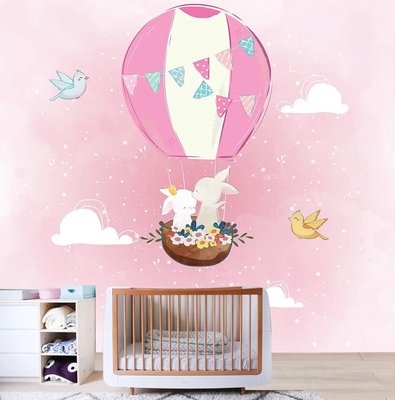 Зайчики на воздушном шаре с цветами и флажками на розовом фоне Fot554 фото