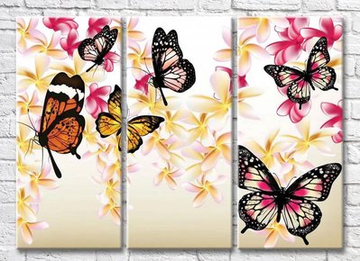 Триптих Бабочки на фоне цветков плумерии 3D7854 фото