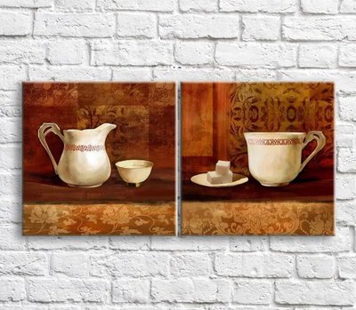 Картина Чайник и чай с сахаром на оранжевом фоне, диптих Eda8404 фото
