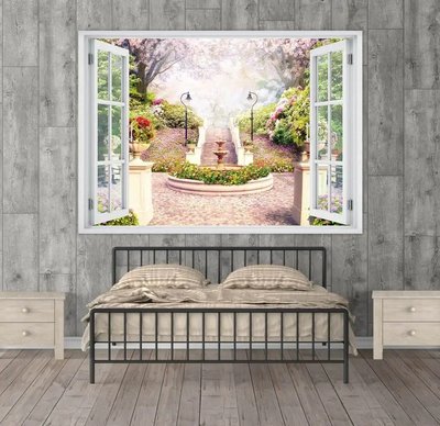Наклейка на стену, Окно с видом на цветущий парк с колодцем W128 фото