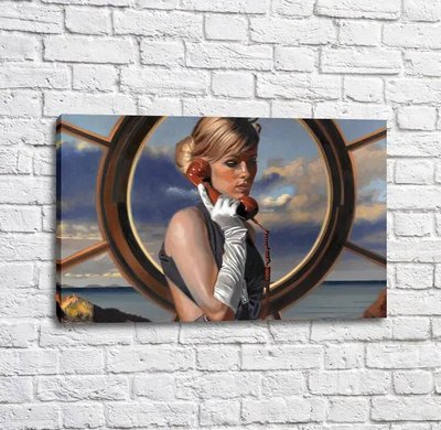 Постер Девушка с телефонной трубкой на фоне моря и неба Put17338 фото
