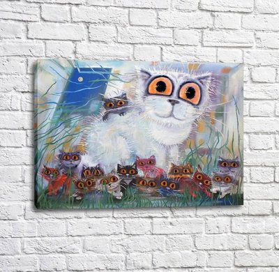 Постер Белая кошка и разноцветные котята Kot17032 фото