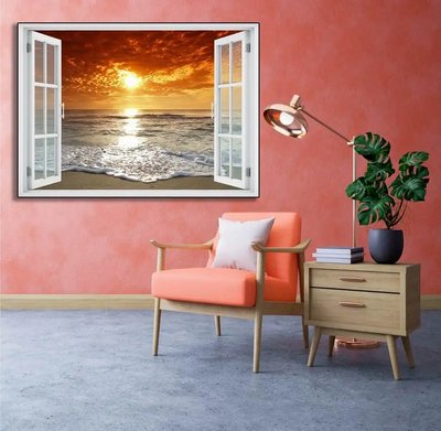 Наклейка на стену, Окно с видом на морском закате W178 фото