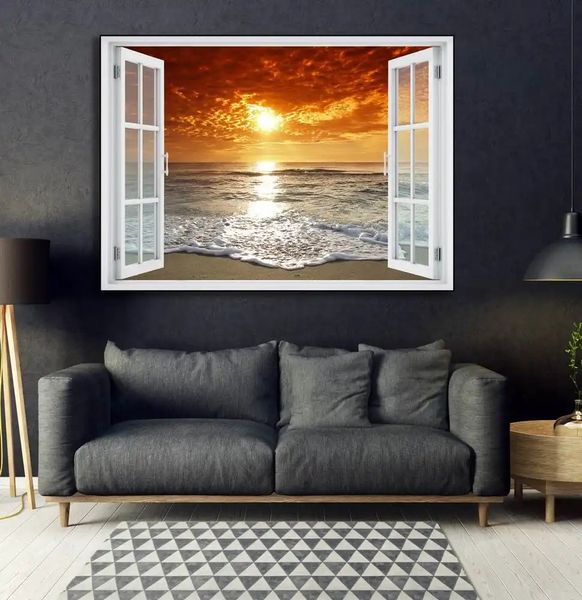 Наклейка на стену, Окно с видом на морском закате W178 фото