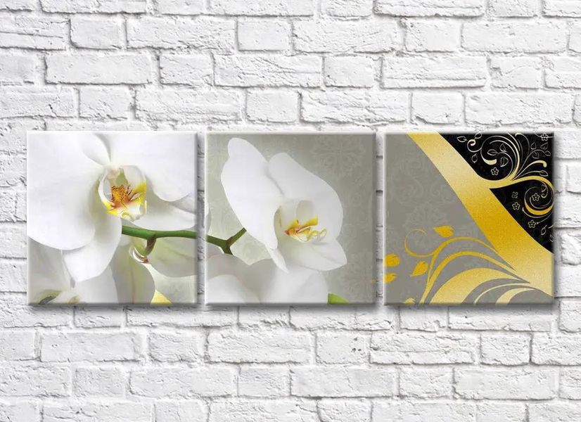 Триптих Белая орхидея на сером фоне и золотые узоры 3D7754 фото