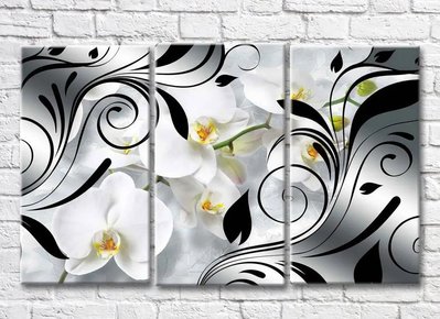 Триптих Белая орхидея и черные узоры на светлом фоне 3D7855 фото