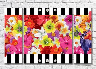 Триптих Олень на разноцветном цветочном принте 3D7805 фото