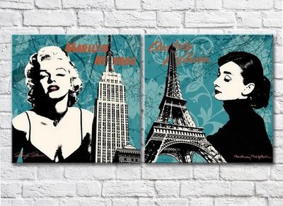 Diptic al lui Audrey Hepber și Marilyn Monroe, cu Turnul Eiffel și Empire State în fundal Lyu6955 фото