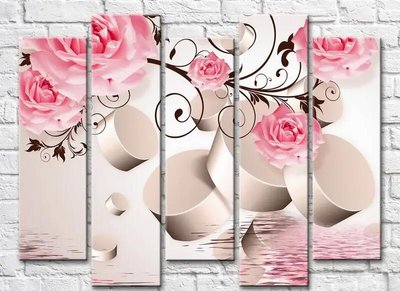 Полиптих Розовые розы и цилиндры в перспективе у воды 3D7205 фото