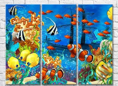 Триптих Разноцветные рыбки и корабль на дне Mor10005 фото