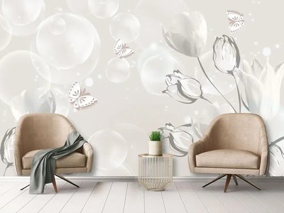 Фотообои 3Д,белые тюльпаны и бабочки на белом фоне от 320 MDL онлайн в Кишиневе 3D4605 фото