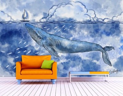 Большой кит под водой у мальенького парусника Ris1455 фото