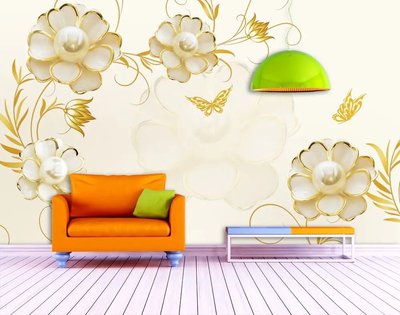 3Д фотообои,жемчужные цветы с позолотой и бабочки на кремовом фоне от 320 MDL онлайн в Кишиневе 3D3555 фото