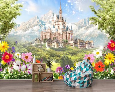 Красивый сказочный замок в горах, цветочный фон Fot155 фото