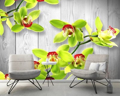 Салатовые орхидеи на сером дощатом фоне TSv905 фото