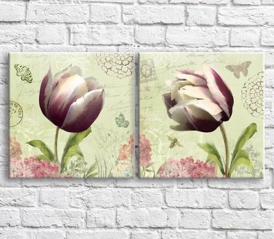 Картина Фиолетово белые тюльпаны и бабочки на зеленом фоне, диптих TSv10505 фото