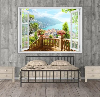 Наклейка на стену, 3D-окно с видом на горный город W127 фото