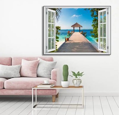 Наклейка на стену, 3D-окно с видом на море W177 фото