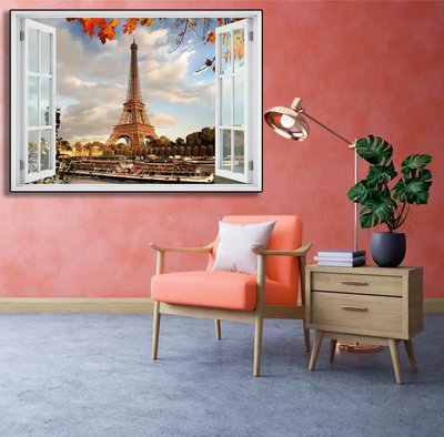 Наклейка на стену, 3D-окно с видом на Эйфелеву башню осенью W77 фото