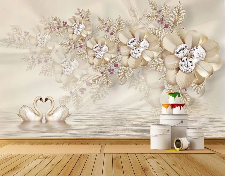 3Д фотообои,цветы с драгоценными камнями и лебедями на фоне воды от 320 MDL онлайн в Кишиневе 3D3505 фото