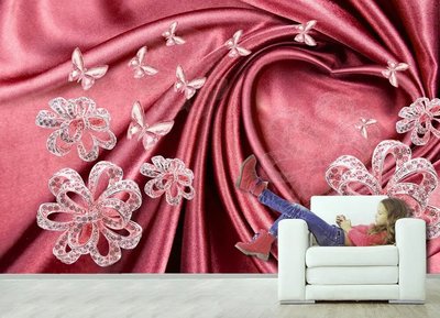 Цветы и бабочки из бижутерии на фоне темно розового шелка 3D3856 фото